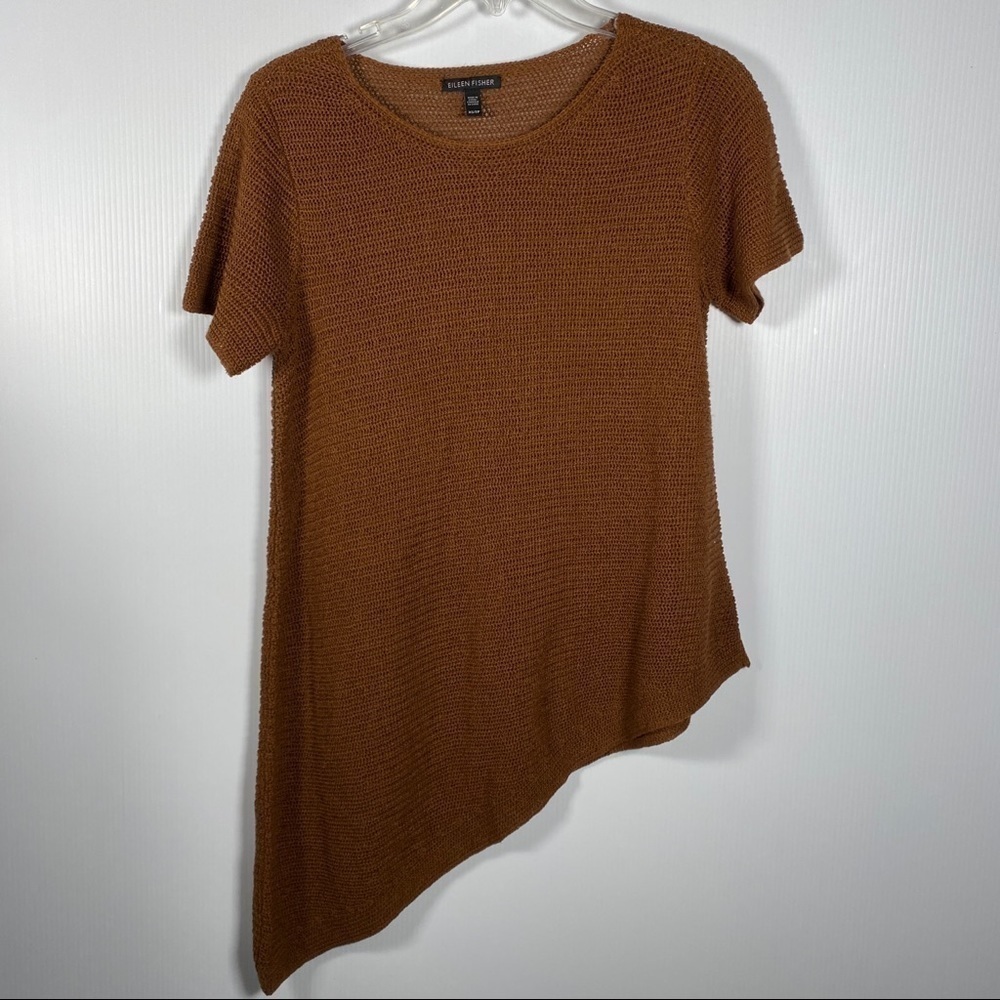 EILEEN FISHER Rich Brown Asymmetrical sweater w/Short Sleeves. Size XS